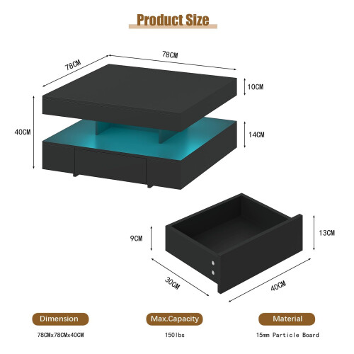 Black LED Coffee Table with 2 Storage Drawers 1