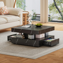 Black Marble LED Coffee Table with 2 Drawers