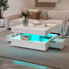 White Marble LED Coffee Table with 2 Drawers