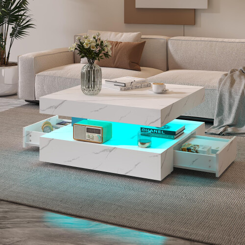 White Marble LED Coffee Table with 2 Drawers