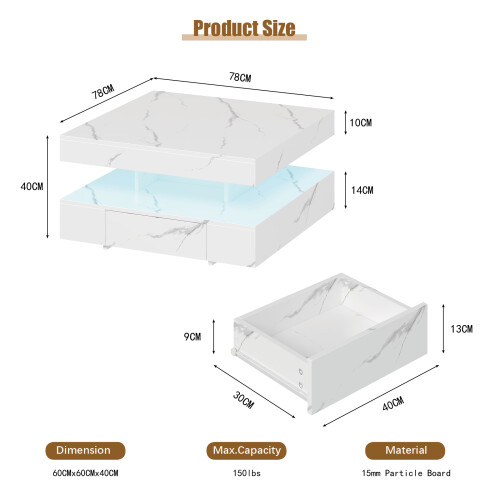 White Marble LED Coffee Table with 2 Drawers 1
