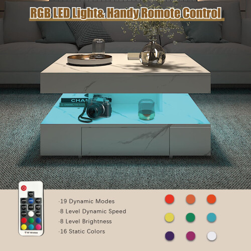 White Marble LED Coffee Table with 2 Drawers 2