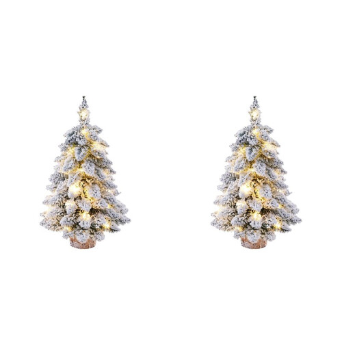 2X Árvore de Natal de Mesa Flocando Neve Árvore de Natal Artificial  Árvore de Natal com Lâmpada e Base de Madeira