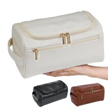 Leder-Kulturbeutel für Damen und Herren, Hänge-Kulturbeutel für Herren, Reise-Kulturbeutel, große Kosmetiktasche, Beige