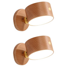 2X Applique Murale LED Rechargeable Lampe de Chevet Murale avec Port USB 360 Rotation Boule Magnétique Lumière Sans Fil Bois de Hêtre