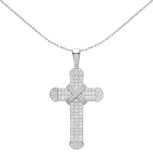 Jewelco London Unisex Rhodium Plated Sterling Silver CZ Dome Capped Kiss Cross Pendant Necklace - GVX077