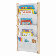 4 Tier Wall Mounted Kids Bookshelf, Floating Wooden Book Display Rack with 2 Bottom Pockets for Nursery Bedroom Classroom, 41.9 x 5 x 80 cm