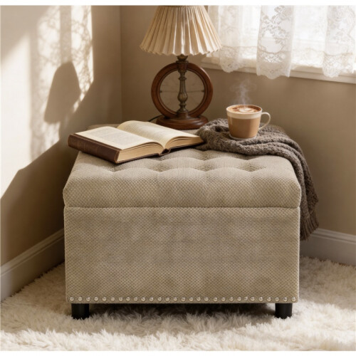 (Camel, Wood) Square Storage Ottoman in Camel