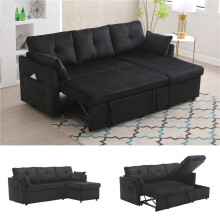 (Black, Corduroy) Pull-Out Bed Sofa with Storage Chaise