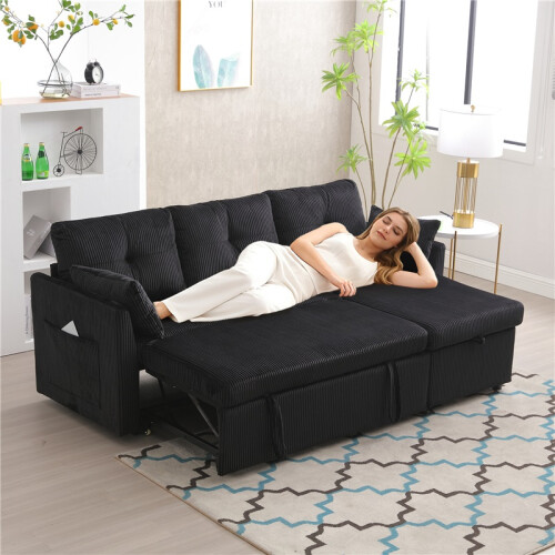 (Black, Corduroy) Pull-Out Bed Sofa with Storage Chaise 1