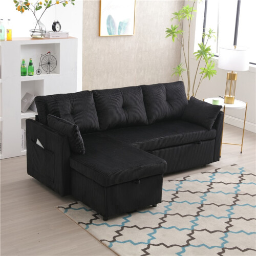 (Black, Corduroy) Pull-Out Bed Sofa with Storage Chaise 2