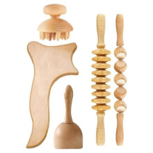 Set di 5 strumenti per massaggio in legno, rullo massaggiante manuale tascabile in legno, tavoletta gua sha per il drenaggio.