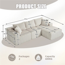 (Beige, Corduroy) Cloud-Like 3-Seat Modular Sofa with Chaise