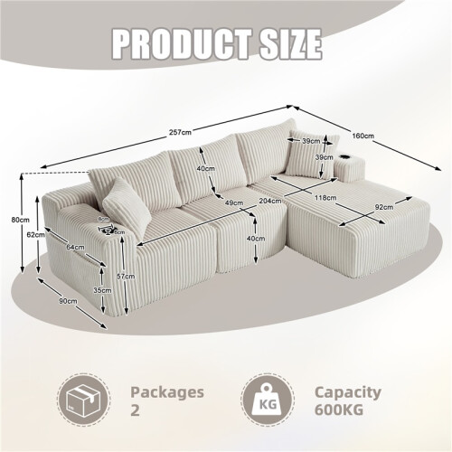 (Beige, Corduroy) Cloud-Like 3-Seat Modular Sofa with Chaise