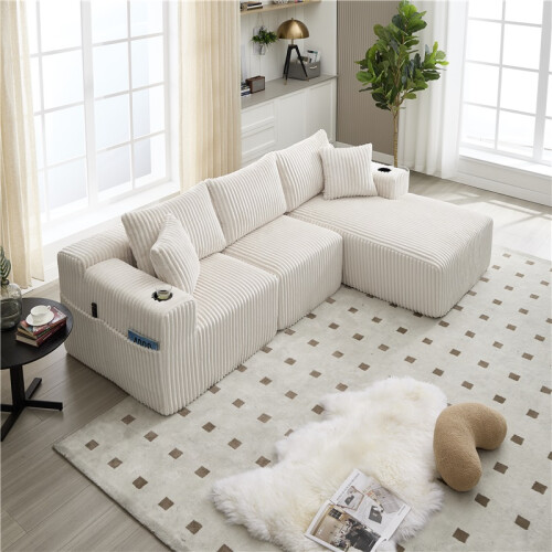 (Beige, Corduroy) Cloud-Like 3-Seat Modular Sofa with Chaise 1