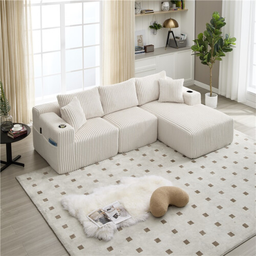 (Beige, Corduroy) Cloud-Like 3-Seat Modular Sofa with Chaise 2