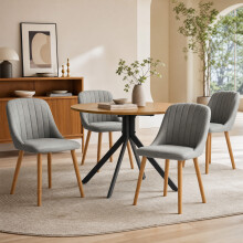(Oak Wood Table & 4 Light Grey Chairs) Round Dining Table and Chairs Set, Wooden Table with 4 Dining Chairs for Home, Kitchen - GOEURVANT