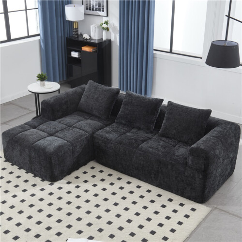 (Black, Chenille) Upholstered L-Shaped Cloud Sofa, 3-Seater