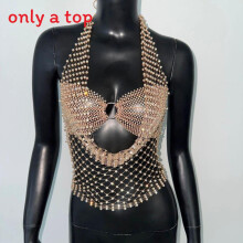 (L)Conjunto de lingerie sexy erótica com decoração de malha e strass para uso em boate