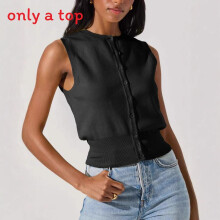 (Black,M)Blusa feminina de malha sem mangas cor lisa com material de poliéster para casual