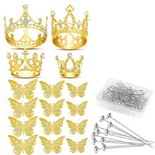 Goldene Kronen Als Blumenstrauß-Accessoires, 4 Stück Tortenaufsätze, 12 Stück Schmetterlingsdekorationen und 50 Stück Blumennadeln