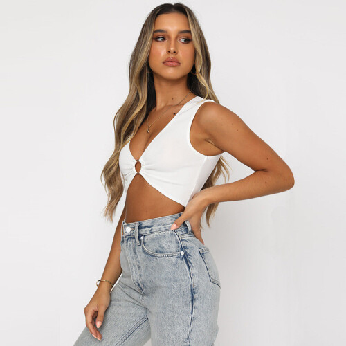 (Black,M)Blusa feminina de verão sem mangas com padrão oco e cor sólida para visual moderno 2