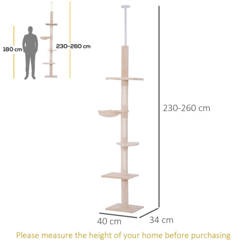 5-Tier Floor-to-Ceiling Cat Tree – 230-260 cm Beige 2