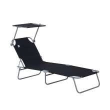 Folding Reclining Sun Lounger with Shade (Black)