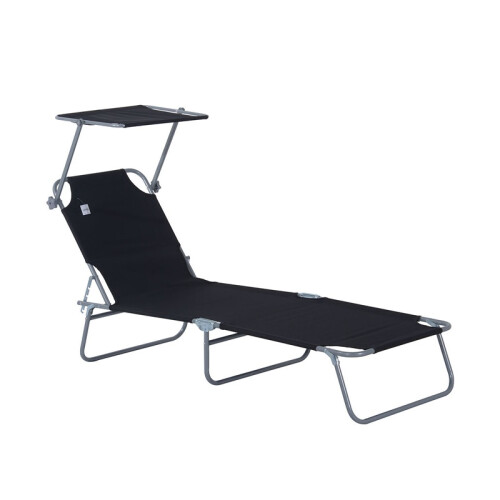 Folding Reclining Sun Lounger with Shade (Black)