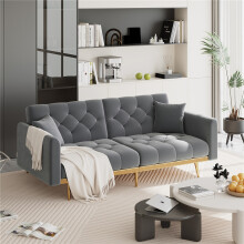 (Grey, Velvet) GOMYWAY Double Sofa – Padded, Velvet, Gold Legs