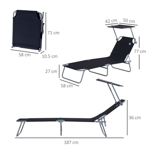 Folding Reclining Sun Lounger with Shade (Black) 2