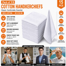 15x Mens White Cotton Handkerchiefs Large Soft