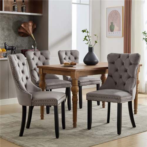 (Grey, Velvet) 4-Pack Velvet Dining Chairs, Grey, Button-Tufted