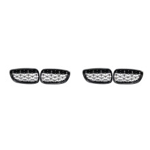 4x Front Kidney Grill, Front Hood Diamond Grille Meteor Grill For- E92 E93 Coupe 2006-2010 Gloss Black+Chrome