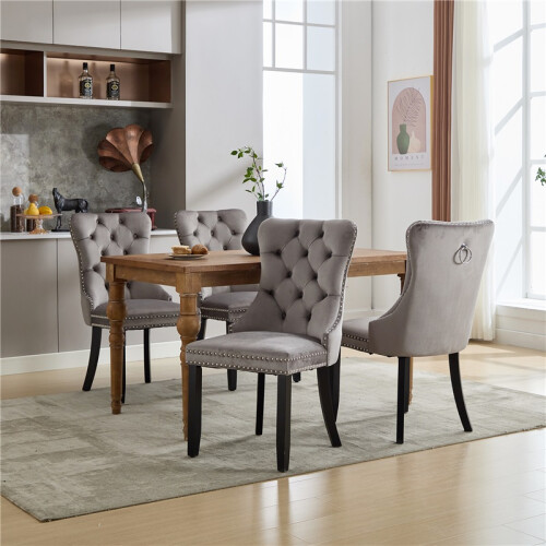 (Grey, Velvet) 4-Pack Velvet Dining Chairs, Grey, Button-Tufted 2