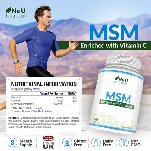 MSM with Vitamin C and Selenium 180 Capsules Methylsulfonylmethane 2