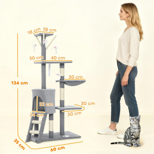 PawHut 134cm Grey Cat Tower with Condo & Scratching Posts 2