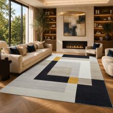 (200x290cm, Scandinavian Mustard) Short Pile Geometric Rug | Extra Soft Faux Fur Non Slip Rubber Backed Carpet