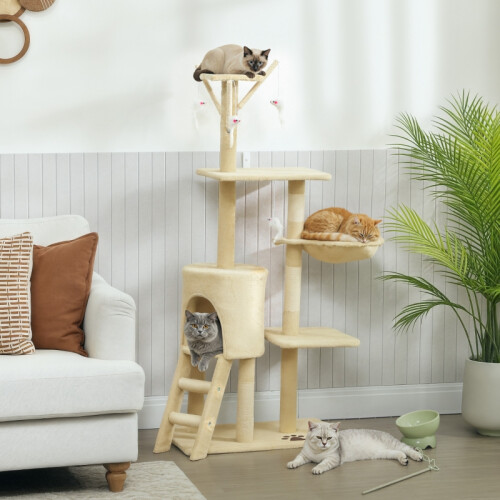 PawHut 134cm Multi-Level Cat Tree – Beige 1