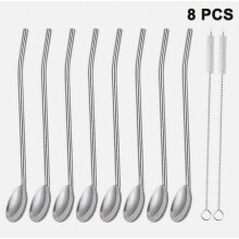 8 Pcs Stainless Steel Straws Spoons - Reusable Metal Straws With Snow Cone Spoons_Special Gift