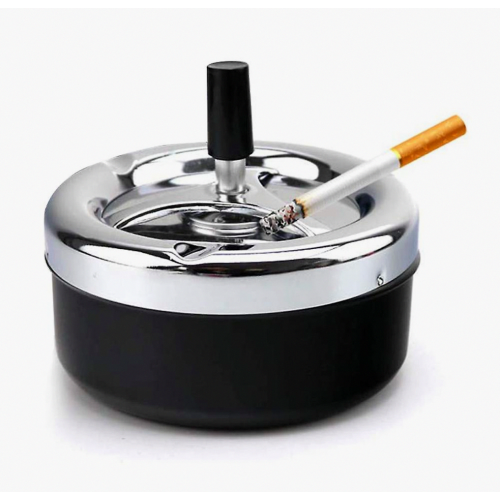 Automatic Cleaning Rotating Ashtray, Round Push Down Cigarette Ashtray With Spinning Tray, Large, Black_Special Gift