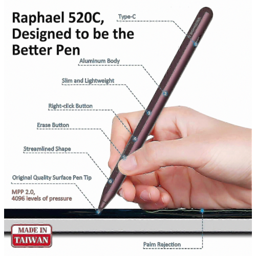 Penna stilo Raphael 520C compatibile con Microsoft Surface, ricarica USB-C, 4096 livelli di pressione_Omaggio speciale 2