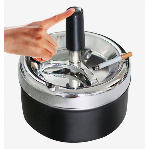 Automatic Cleaning Rotating Ashtray, Round Push Down Cigarette Ashtray With Spinning Tray, Large, Black_Special Gift 1