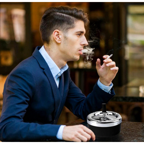Automatic Cleaning Rotating Ashtray, Round Push Down Cigarette Ashtray With Spinning Tray, Large, Black_Special Gift 2