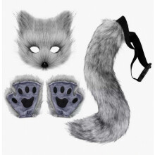 (grijs) Harige katten-vossenmasker kerstfeest katten-vossen cosplay kostuum masker staart poten set_Speciaal cadeau
