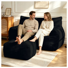 (Black, Corduroy) Ergonomic Floor Couch – 2-Seater + Ottoman