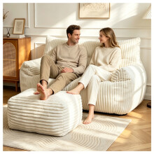 (White, Corduroy) Striped Corduroy 2-Seater + Ottoman
