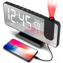 Réveil à projection LED, projection à 180, radio FM USB avec 32 stations préréglées, double alarme, fonction snooze, 4 niveaux de luminosi