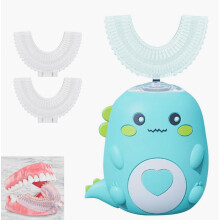 Brosse à dents sonique pour enfants à 360 degrés avec 2 têtes en silicone en forme de U, lumière LED, motif dinosaure, pour garçons et fille