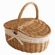 Panier de pique-nique en osier fait main avec couvercle et poignée pour fruits, pain et autres sorties, 35 cm
